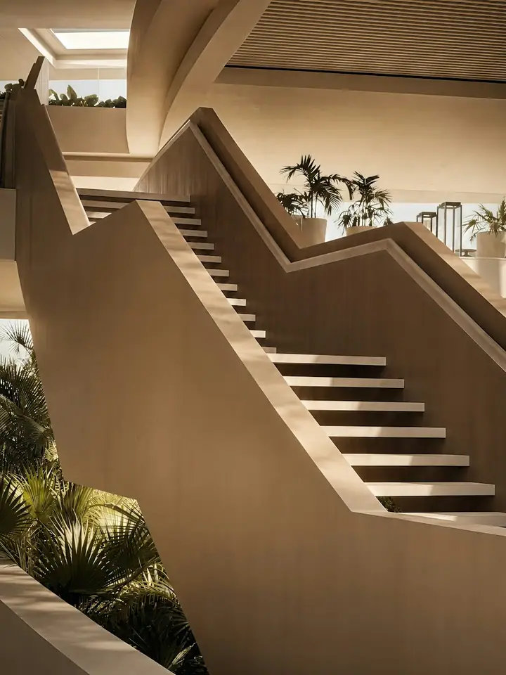 Modern angular staircase with plants in a contemporary building